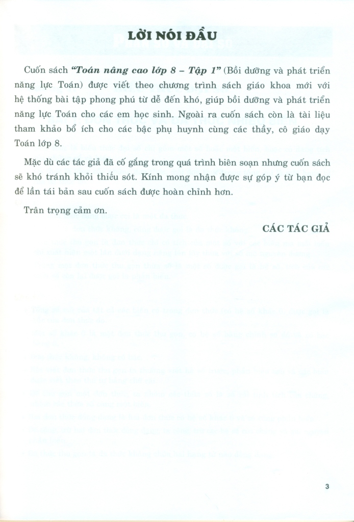 TOÁN NÂNG CAO LỚP 8 - TẬP 1 (Bồi dưỡng và phát triển năng lực Toán - Biên soạn theo chương trình SGK mới)